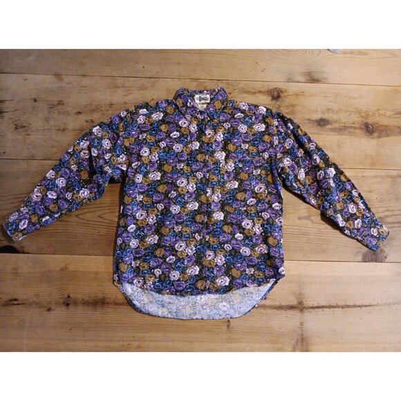 Punch Tops - Vtg Punch Womens S Purple Floral Metal Button Down Shirt Cottagecore Western